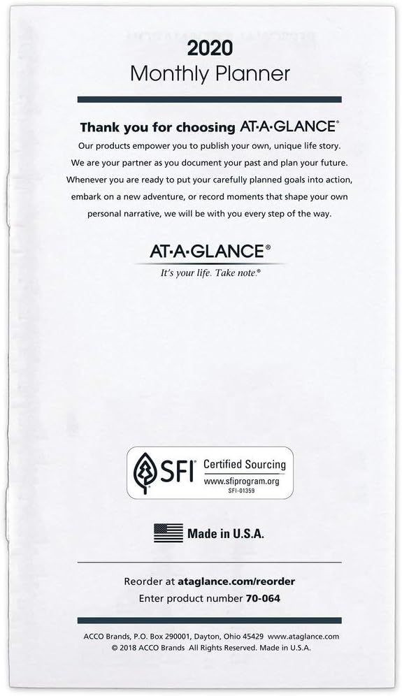 AT-A-GLANCE 2020 Monthly Planner Refill, for Planner 70-064, 3-1/2" x 6", Pocket (7090610)