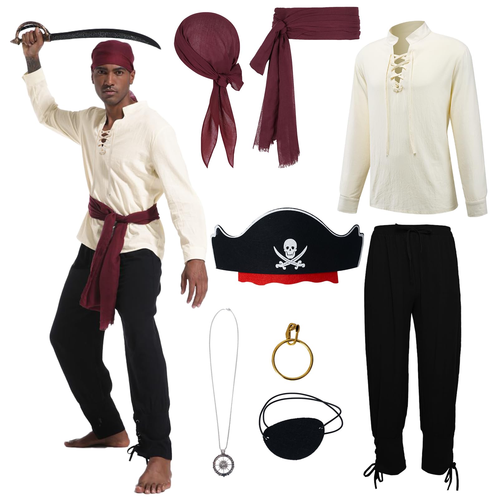 AJGEGJE 8 Pcs Pirate Costume Adult Men, Pirate Costume Accessories with Renaissance Shirt, Pants, Headscarf, Belt, for Halloween Cosplay Party (M)