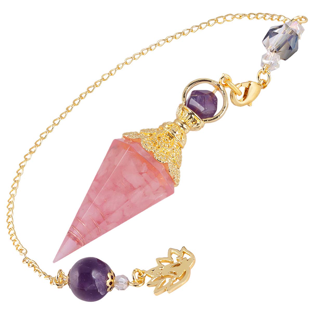 Nupuyai Rose Quartz Healing Crystal Point Dowsing Pendulum for Divination Scrying, Resin Chip Stone Faceted Hexagonal Pendulum with Chain