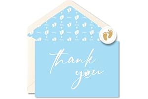 AZAZA Baby Shower Thank You Cards with Envelopes Footprint Liners, 30pcs Baby Boy Blue Thank You Cards 4x6, Thank You Note an