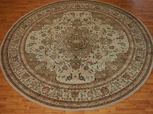 10' X 10' Medallion Traditional Persian Tabriz Beige Round Wool &amp; Silk Rug