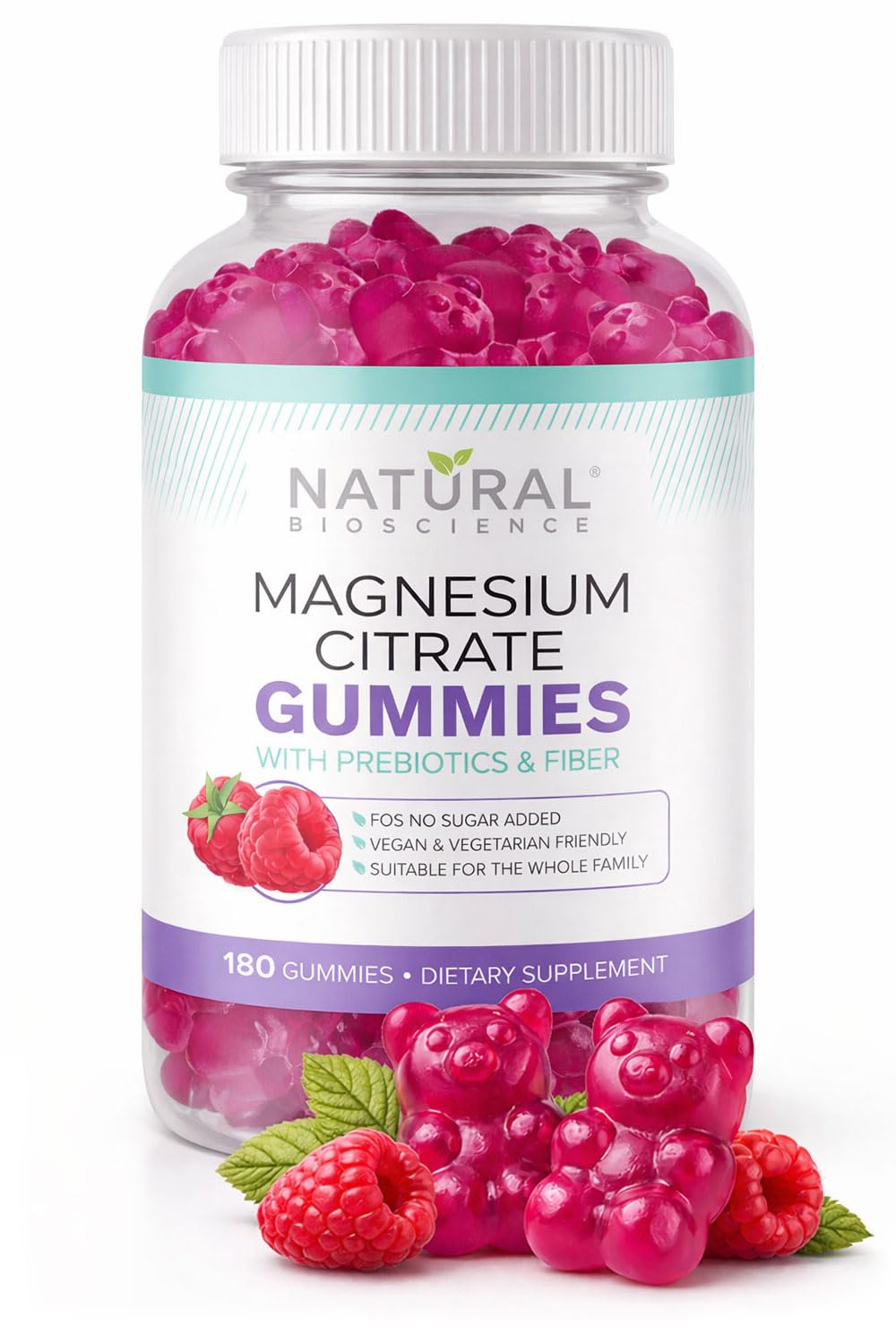 Natural BioScience Magnesium Citrate Gummies | 180 Magnesium Supplements - 100mg of Magnesium Citrate per Serving | Raspberry Flavoured - Suitable for Adults & Children | Sugar Free, Non-GMO & Vegan