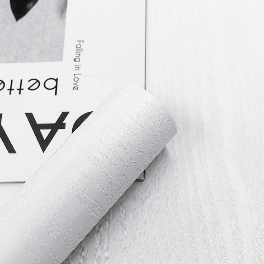 Abyssaly Sticky Back Plastic White Vinyl Wrap Wood Effect Self Adhesive Wallpaper Waterproof Peel and Stick Wallpaper 40cm X 500cm for Decorative Kitchen Worktop Wall Table Furniture Stickers