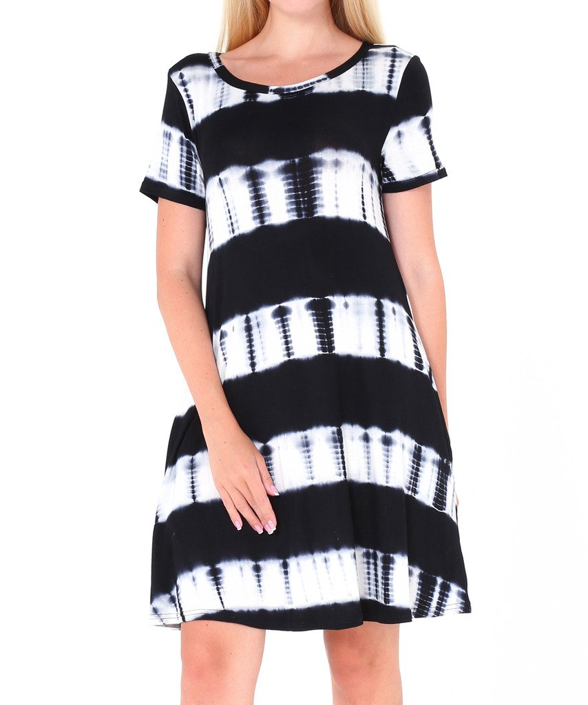 Women\'s Ombre Swing Dress Short Sleeve Tie Dye Dress with Pockets Black M