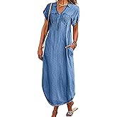 CHOUYATOU Women's Summer Notch Neck Short Sleeve Denim Dress Business Casual Jean Tunic Shirt Dress
