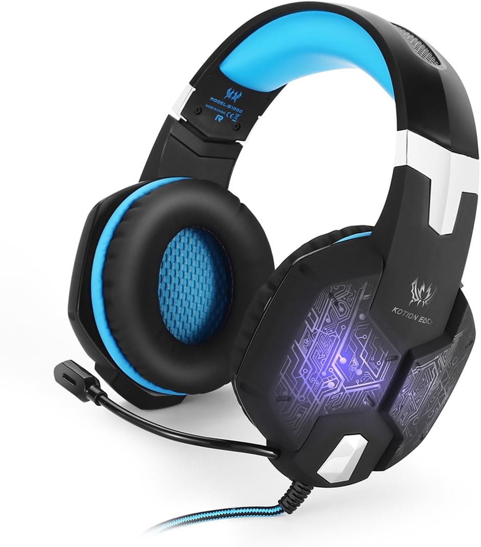 KOTION EACH G1000 Headband 3.5mm Bass Stereo Gaming Headset Over-ear PC Game Headphones with Mic Colorful Breathing LED Light for Laptop Computer (Black-Blue)