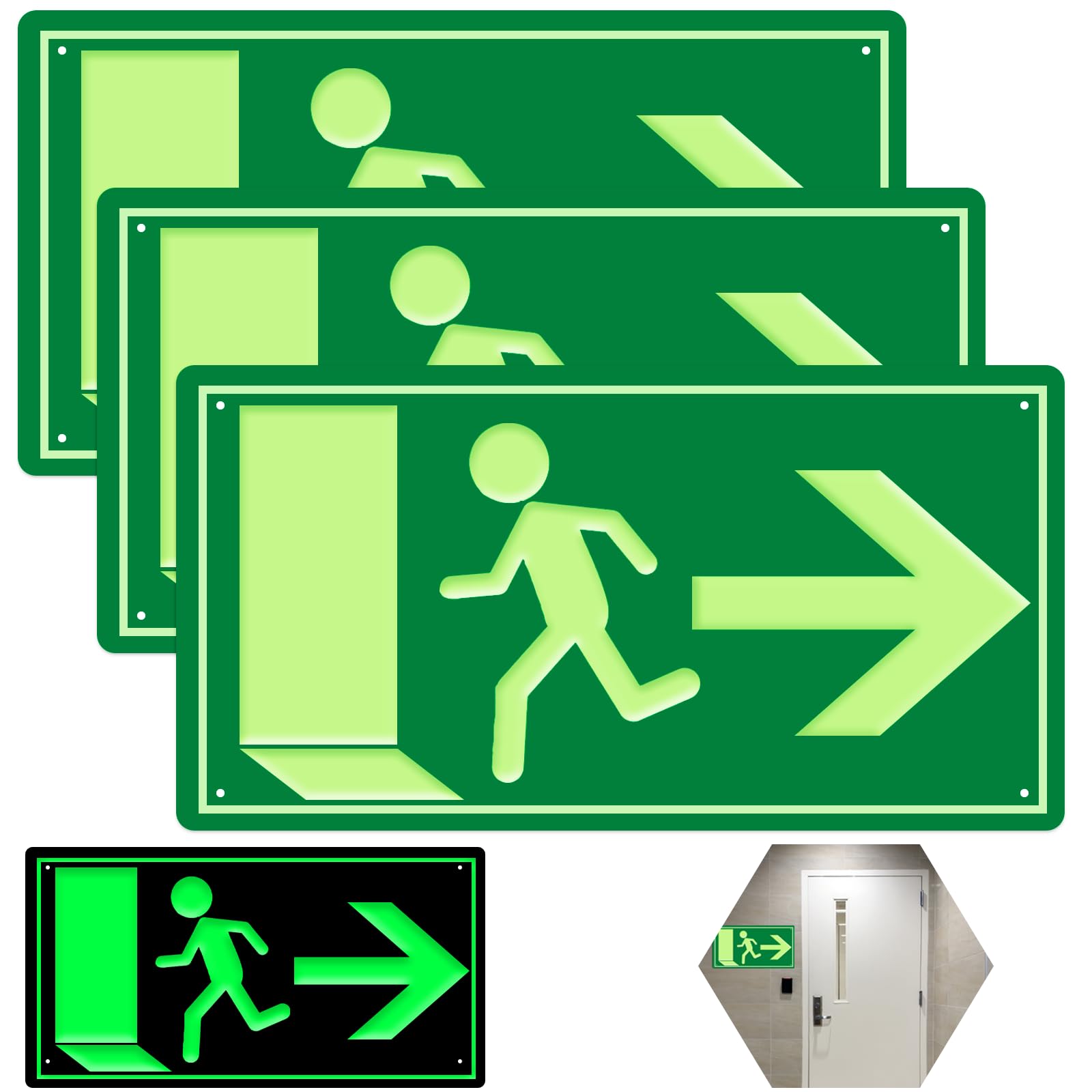 Illuminated Emergency Exit Sign, 3 Pieces Emergency Exit Sign, Emergency Exit Sign 300x150mm, Emergency Exit Sign for Information Sign(Right)