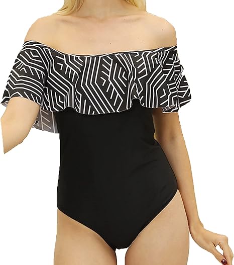 Amazon Co Jp ビキニワンピース水着 フリル付き肩 新鮮なプリントの一片の水着 黒 X Large 服 ファッション小物