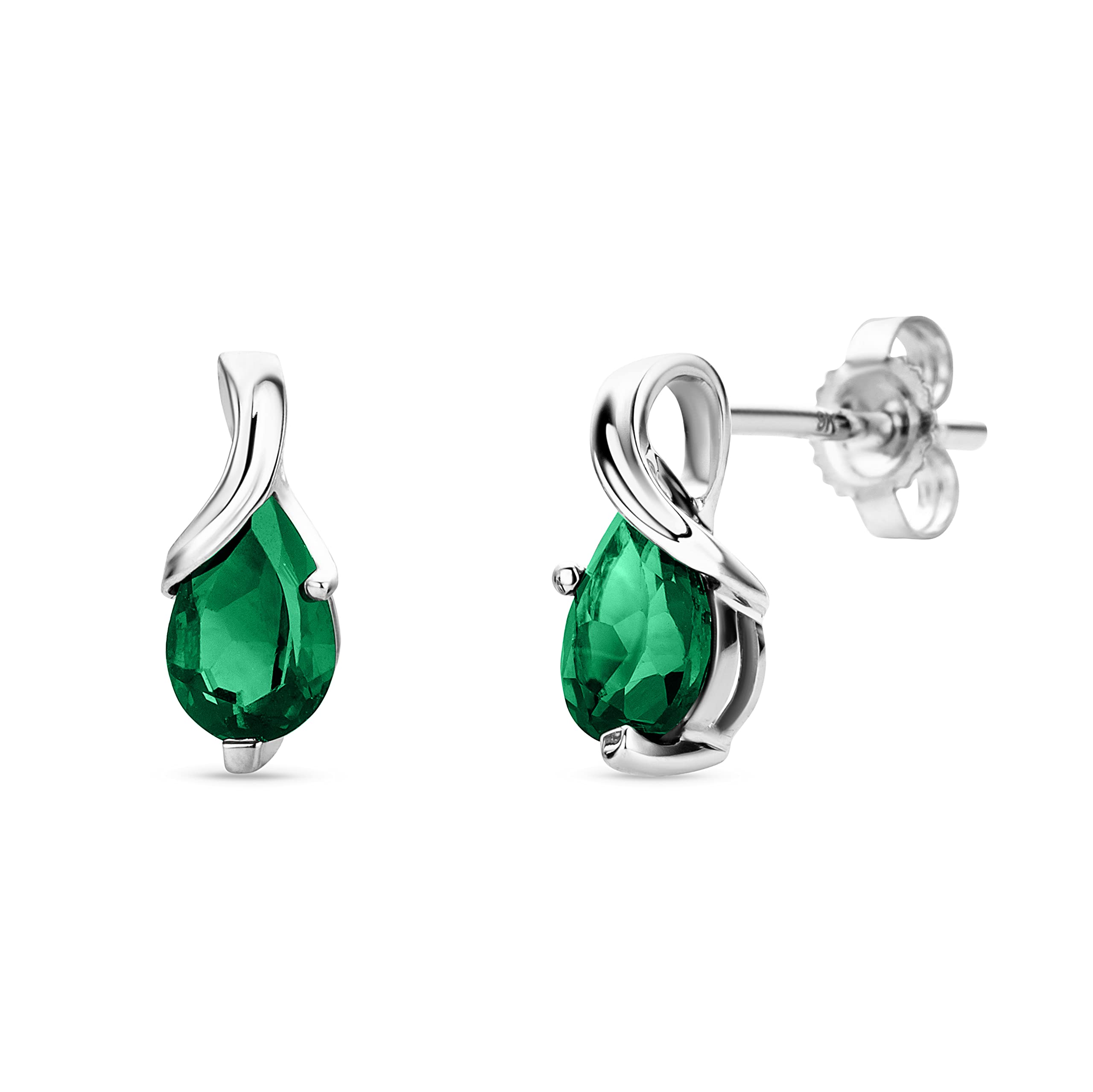 Orovi Pear-Shaped White Gold Earrings for Women with Emeralds in 9 Carat Gold, Hypoallergenic Earrings - Handmade, including jewellery box