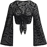 Verdusa Women's Y2k Gothic Clothes Sheer Mesh Top Tie Bell Sleeve Printed Wrap Blouse Shirt