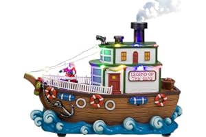 One Holiday Way Santa Ship Boat with Sounds and Smoke Light-Up Christmas Town Village House Scene Accessory Figurine – Collectible LED Lighted Winter Xmas Home Decor Accent Tabletop Decoration