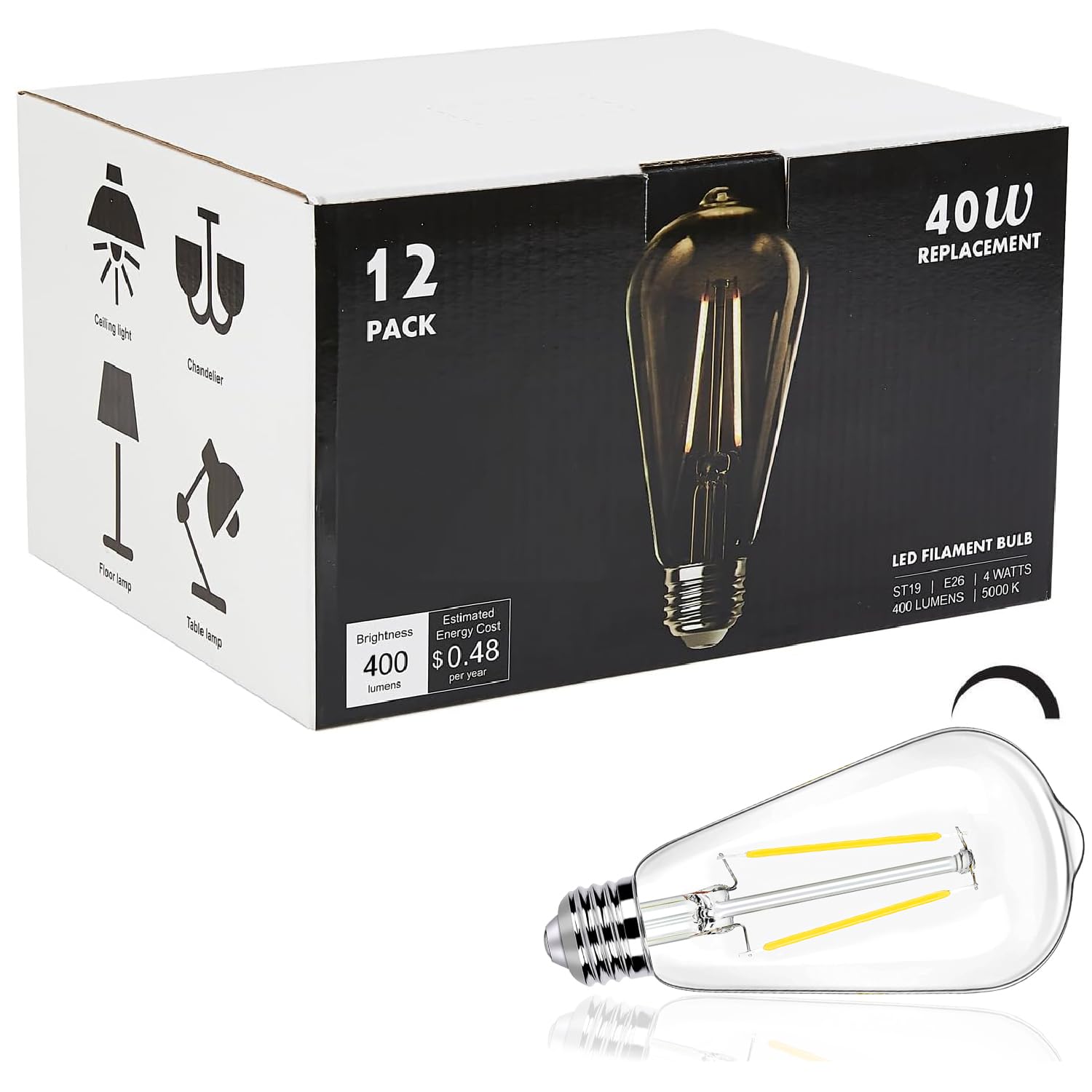 Photo 1 of 12 Pack Dimmable LED Edison Bulbs 40 Watts Equivalent, 4 Watt LED Filament Bulb, 5000K Daylight ST19 Light Bulb, 400LM E26 Vintage Bulbs for Light