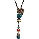 MINACHI Vintage Bohemian Colorful Ceramic Bead Antique Flower Y Necklace, Vintage Boho Hippie Statement Jewelry Gift for Women