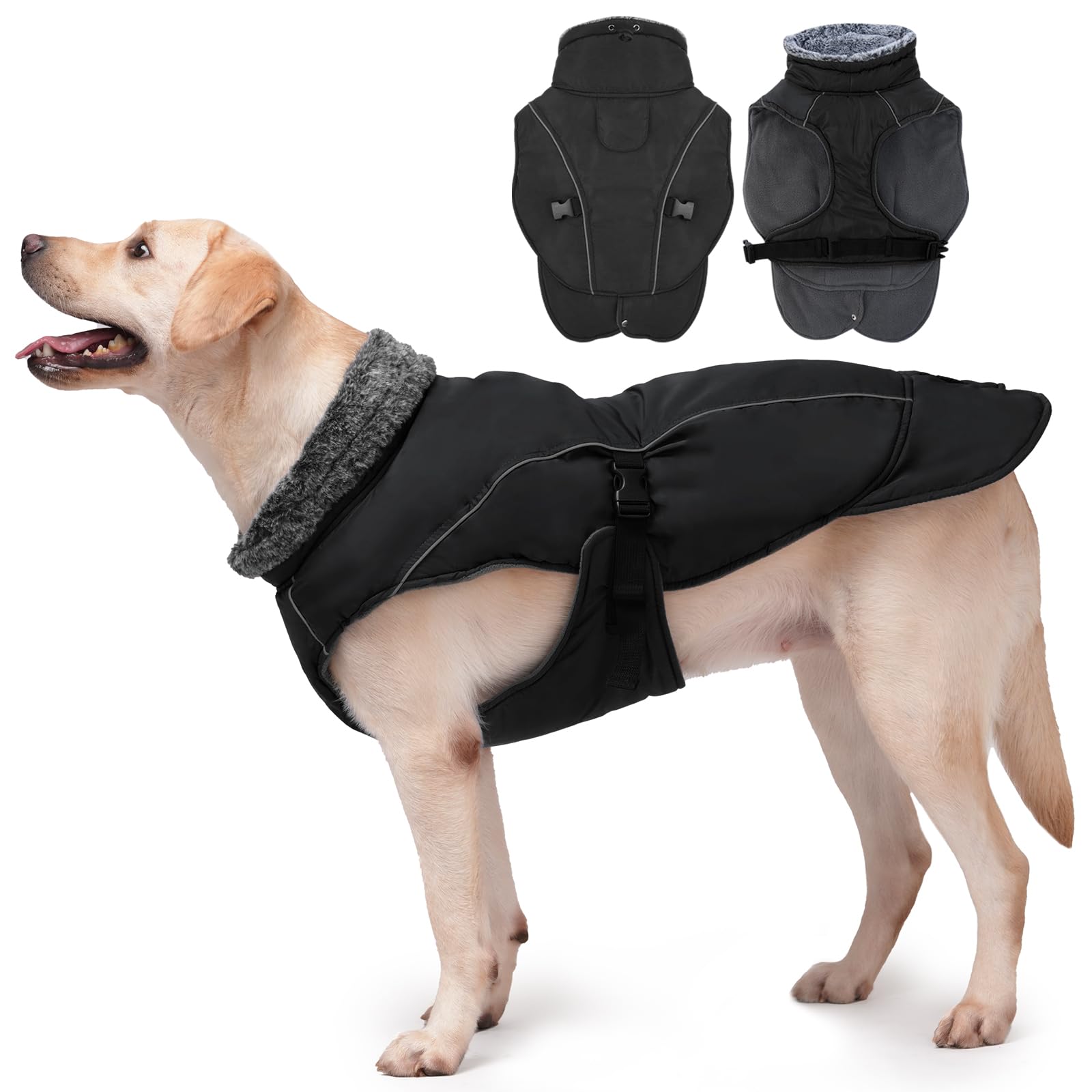 DENTRUN Dog Winter Vest - Waterproof Fleece Coat with Harness Hole, Black, XL