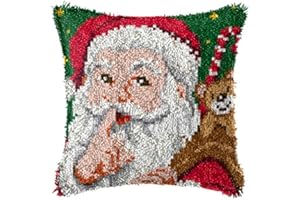 HOWIE'S NEEDLEPOINT Howie's Latch Hook Kit, DIY Santa Clau Pillow Crochet Yarn Kits for Adults, Color Preprinted Pattern Embroidery Sofa Cushion Cover (Christmas-Santa Claus 3, 16.93 x 16.93 inch)