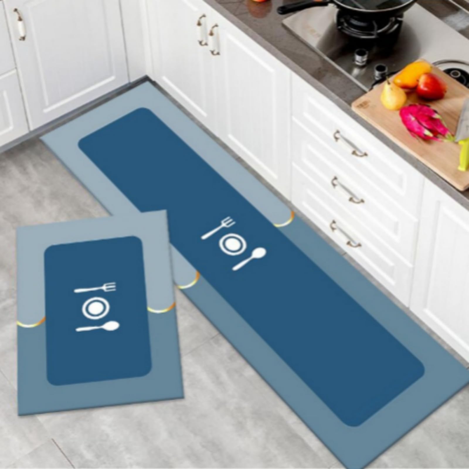 TOKLYUIE Kitchen Floor Mats, 2 PCS Kitchen Mat Set, Water Absorbent and Quick Drying Kitchen Rugs, Non-slip Kitchen Carpets, Super Absorbent Floor Mat (Blue, 40 * 60+40 * 120 cm)