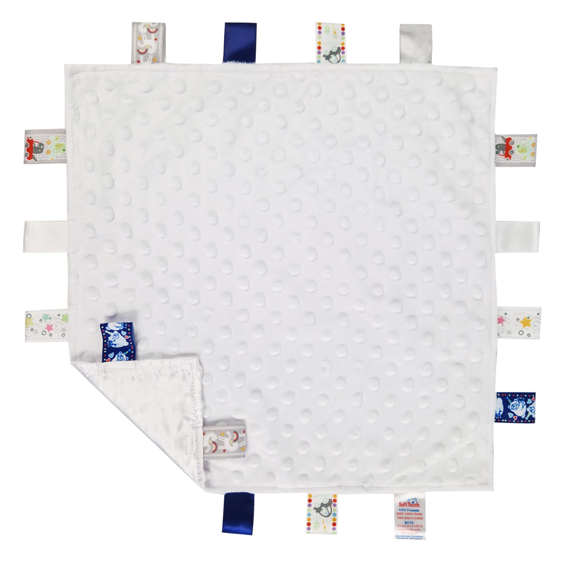 Soft Touch Taggie Dimple Comforter Baby Comfort Blanket with Sensory Tags and Bubble/Heart/Star/Foil Print Pattern (White Bubble Dimple)