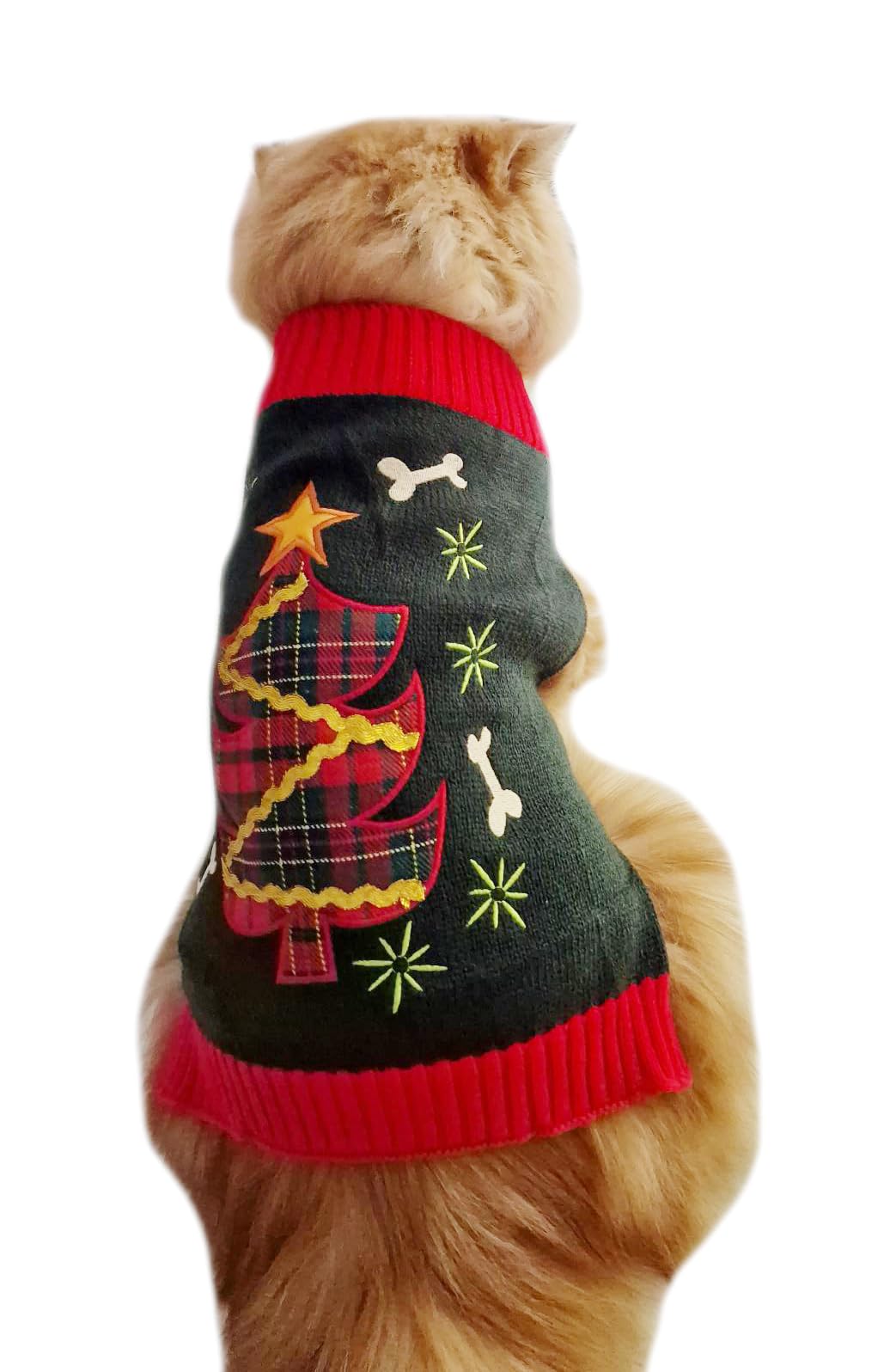 Cute Funny SMALL DOG ONLY Doggie Puppy Kitten Cat Christmas Xmas Outfit Warm Winter Girl Boy Jumper Coat Clothes Hoodies Costume Ideas Pullover Sweater Green Red Tartan Plaid Tree L