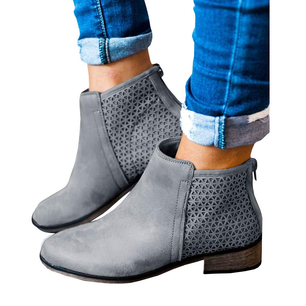 Womens Fall Ankle Boots Low Heel Flat Stacked Booties Back Zipper Hollow Out Western Shoes Light Grey - Image 3