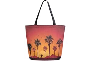 ZzWwR Beautiful Sunset Beach Palm Tree Surfing Man Silhouette Print Extra Large Canvas Shoulder Tote Top Storage Handle Bag for Gym Beach Weekender Travel Reusable Grocery Shopping