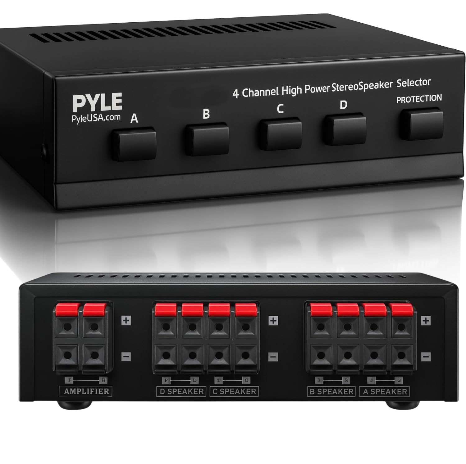 Pyle 4-Zone Speaker Switch Selector - Premium Distribution Box with A/B/C/D Switches for Multi-Channel High-Powered Stereo Amp - Supports 4 Pairs of Speakers - PSS4