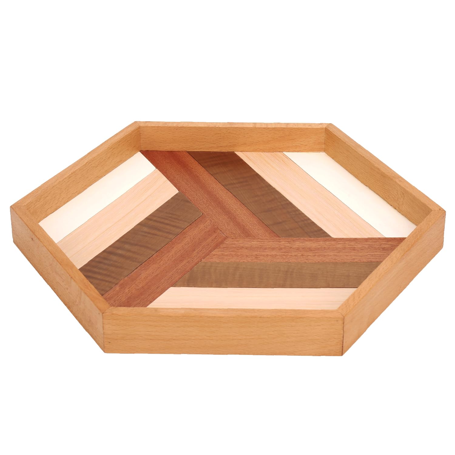 QUEENSDOWN 34cm x 29cm X 3cm Hexagon Serving Tray Wooden Handmade, Great for Dinner Tray/Tea Tray/Fruit Tray/Dessert Tray/Breakfast Tray or Picnic Tray - Good for Parties or Bed Tray (A)
