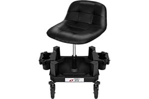 FreekyFit Rolling Stool with Wheels, Adjustable Shop Stool Mechanic Seat, Garage Shop Roller Work Chair, Mobile Rolling Seat with Tool Tray, 2 Cup Holders, 4" Casters, 350 LBS, Heavy-Duty, Black
