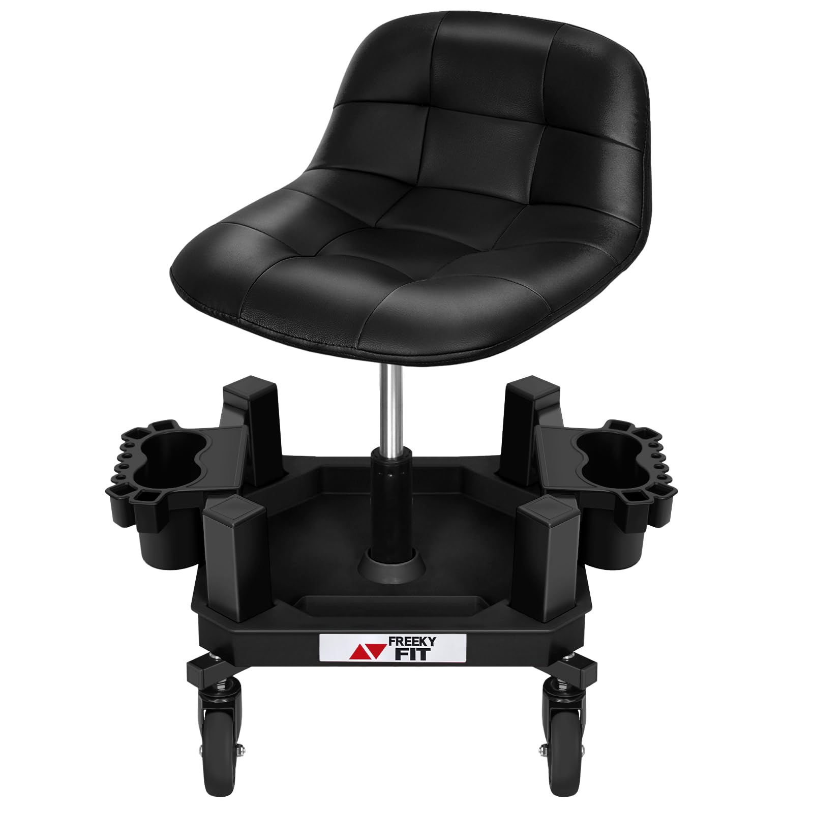 Photo 1 of FreekyFit Rolling Stool with Wheels, Adjustable Shop Stool Mechanic Stool Seat Garage Shop Roller Work Chair Mobile Rolling Seat with Tool Tray, 2 Cup Holders, 4" Casters, 350 LBS, Heavy-Duty, Black