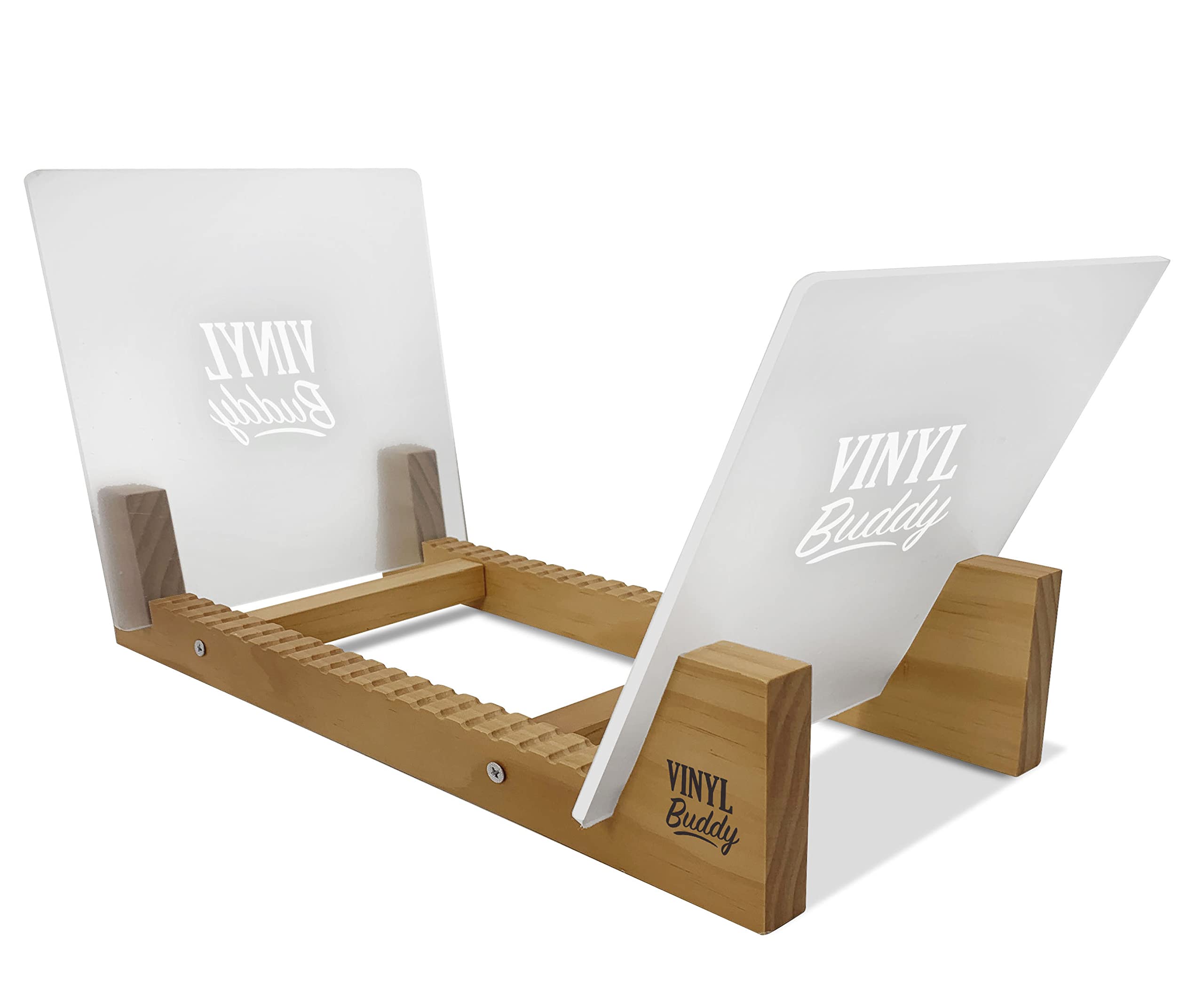 Vinyl Buddy, Vinyl Record Storage for 50 LPs, Made from Natural Wood with Two Acrylic End Panels (Teak Finish)