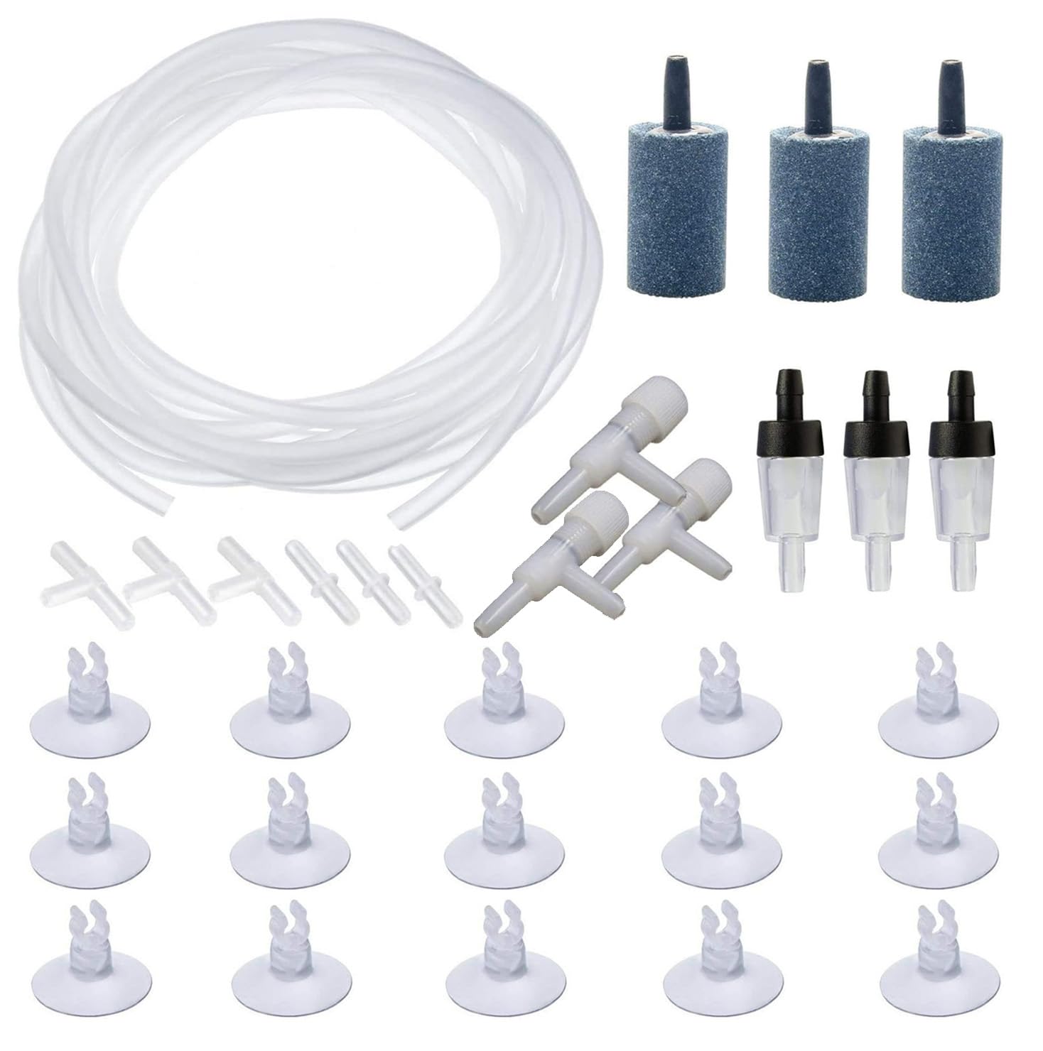 OPDUO 31 Pcs Air Pump Accessories for Fish Tank,16.5 ft Standard Airline Tubing,3 Bubble Release Air Stones,3 Check Valves,15 Suction Cup Clips,3 Air Switch Pump Valve Regulator,6 Connectors