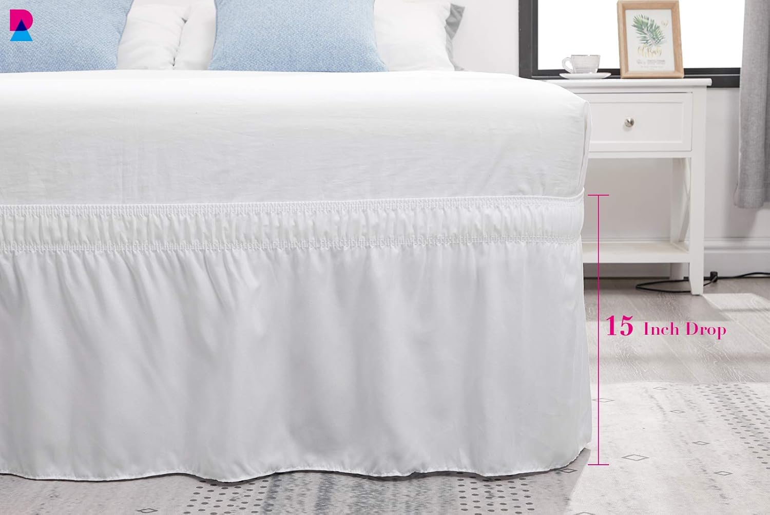 RIMELA Bed Skirt Wrap Around Elastic Dust Ruffle Solid Color Wrinkle and Fade Resistant with Adjustable Elastic Belt Easy to Install White for Queen Size 15 Inch Drop: Kitchen & Dining