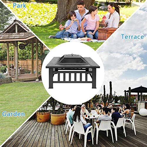 Lovinland Outdoor Fire Pit, Metal Patio Stove Square Table Fire Bowel Wood Burning Fireplace with Spark Screen,Poker,Grill