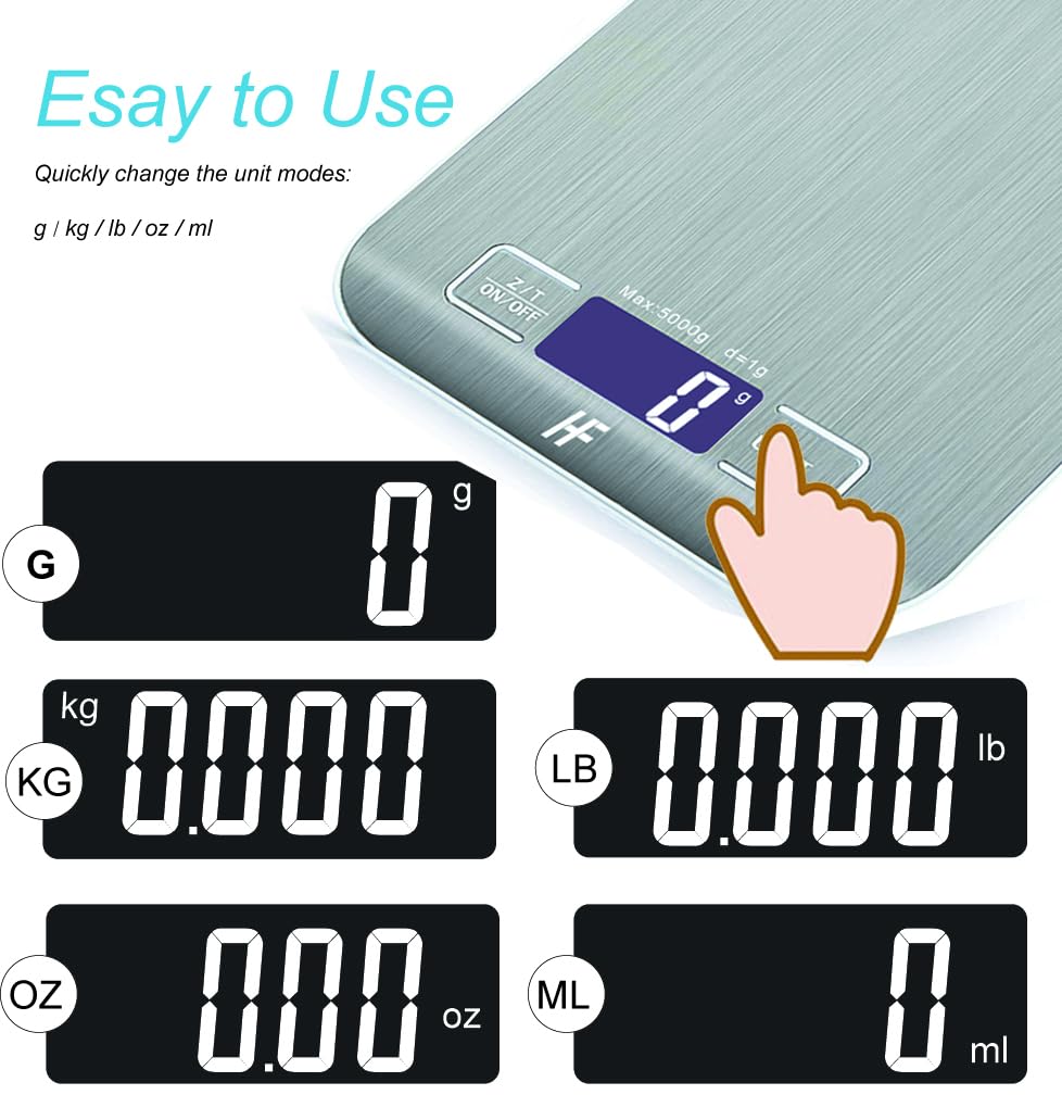 HomeFashion Kitchen Scales Stainless Steel High Precision 5 kg 1g Digital Scales with LCD Display, Tare Function, 6 Units of Measure, Batteries Included