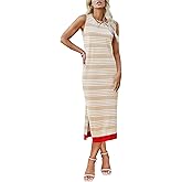 Zeagoo Womens Bodycon Midi Dresses Summer Casual Sleeveless Dress Women Knit Side Slit Striped 2025 Long Tank Dress