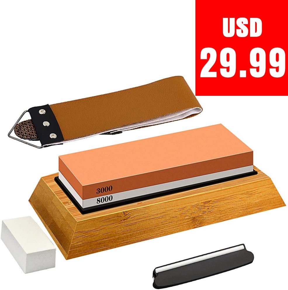 OneBom Premium Sharpening Waterstone Kit,Upgrade Grit 3000/8000 Kitchen Knife Sharpener Whetstone, Knife Sharpening StoneDouble-Sided with Non-Slip Bamboo Base, Leather Strop, Angle Guide