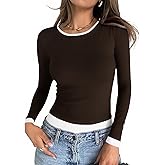 Cicy Bell Womens Long Sleeve Tops Patchwork Crewneck Slim Fit Shirts Going Out Casual Fall Basic Tees