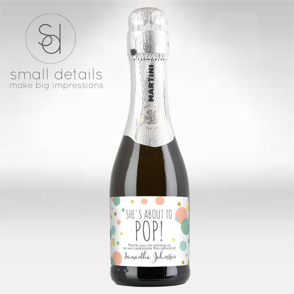 About to Pop! Baby Shower - 10 MINI Champagne Labels - Baby Sprinkle -Confetti Coral, Aqua & Gold Foil Shower Favor - Personalized (set of 10 labels/stickers)