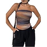 Milumia Women's Tie Dye Mesh Tube Top Y2k Ruched Strapless Bandeau Tops with Scarf