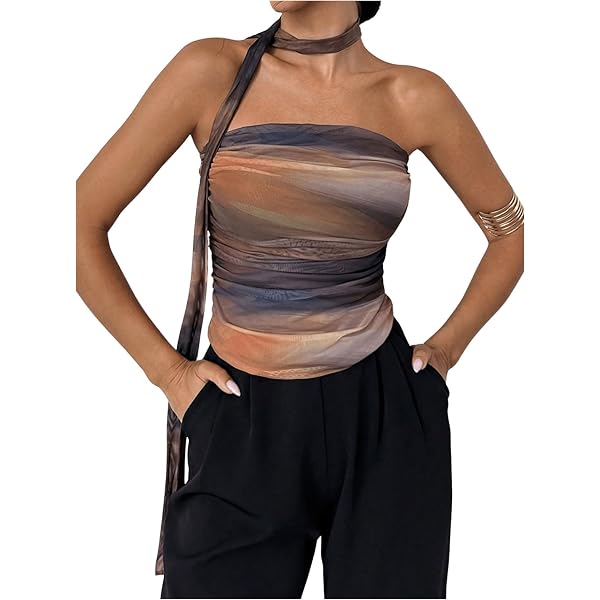 Sexy Women's Boho Style Spaghetti Straps Camisole Vintage Print Tie Back Knot Tube Crop Top Sleeveless Vest Camisoles Fjh