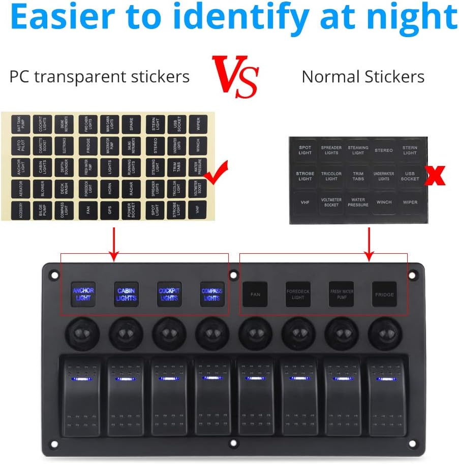WATERWICH Marine Boat Car 8 Gang ON-Off Ignition 3 Pin Waterproof Toggle Rocker Switch Panel 12V/24V Circuit Breaker Blue LED Indicator for RV Vehicle Truck Trailer Yacht ATV (8 Gang Blue): Automotive