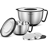 HAPPY KIT 18/8 Mixing Bowls With Lids Set of 2,Stainless Steel Mixing Bowl With Pour Spout, Non-slip Handle and Bottoms, 3 Grater Attachments, Measurement Marks & Lid, Size 5, 3QT(Black)