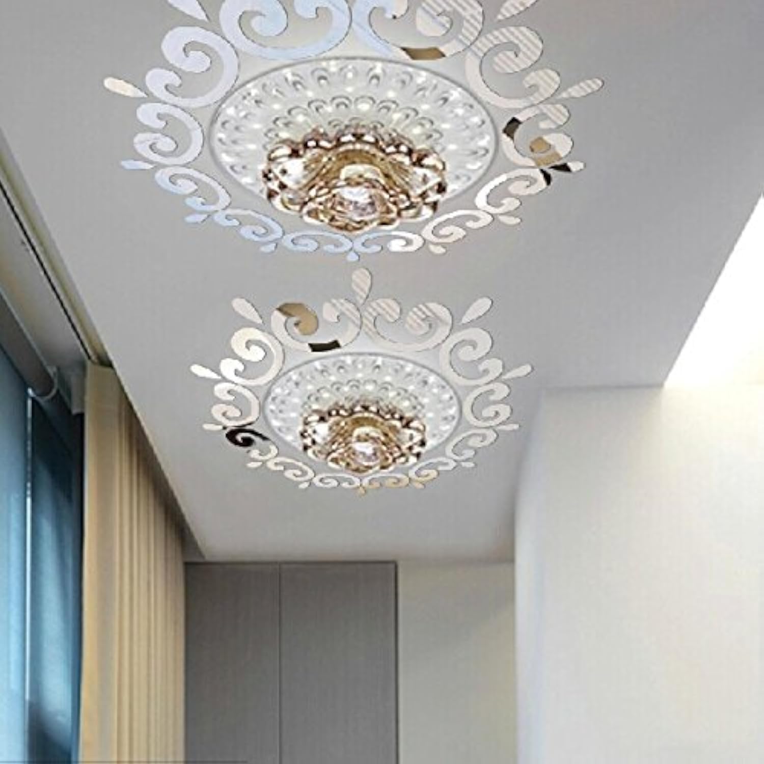 Top ceilling Mirror Wall Sticker, top Lighting The Ceiling Chandelier Around Decorative Mirror Frame Sticker,70x70cm DIY Mirror Wall Sticker (Silver)