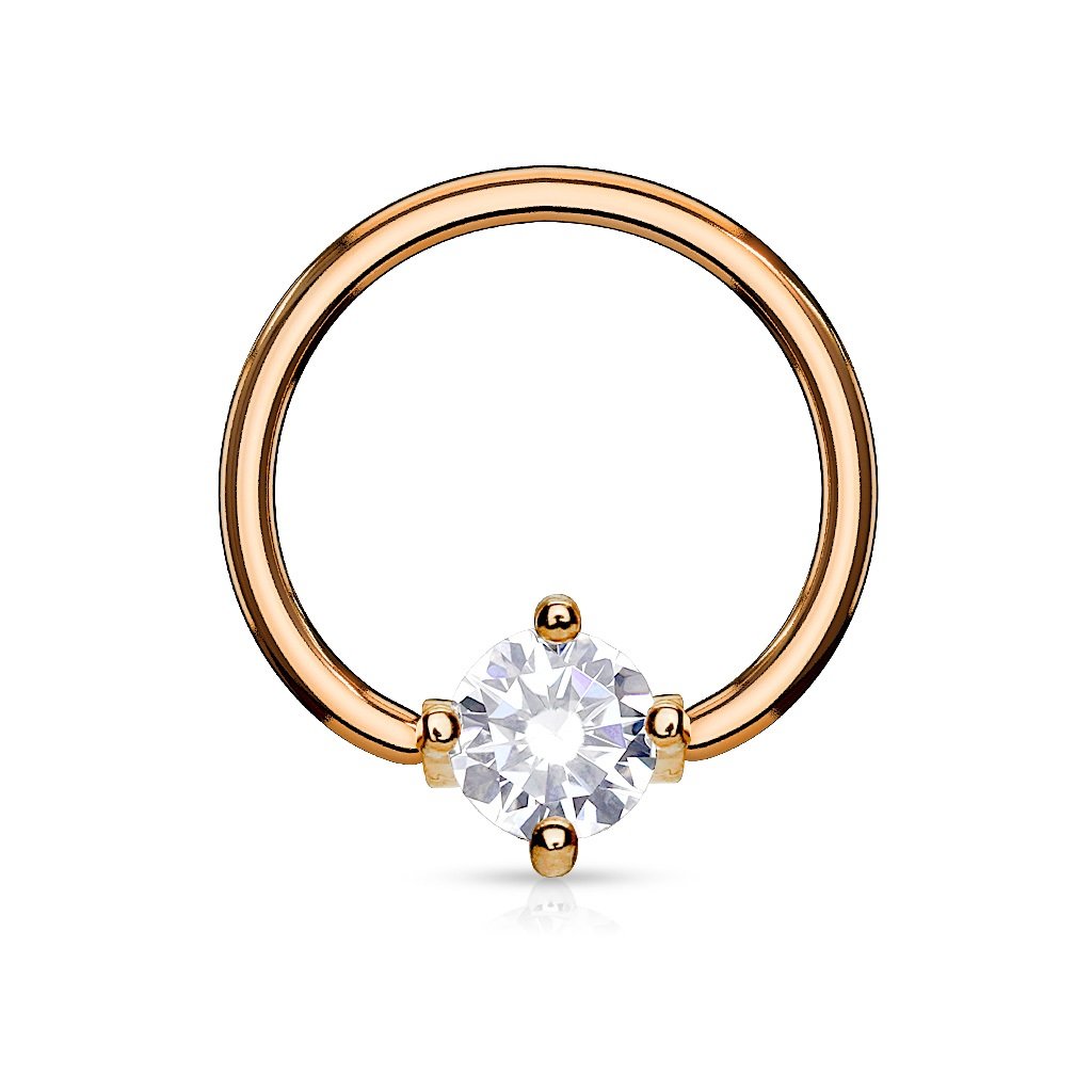 PiercedOff Rose Gold Tone IP over 316L Surgical Steel 1.2mm BCR with a 3mm Round Clear CZ Ball - Ring Size 10mm