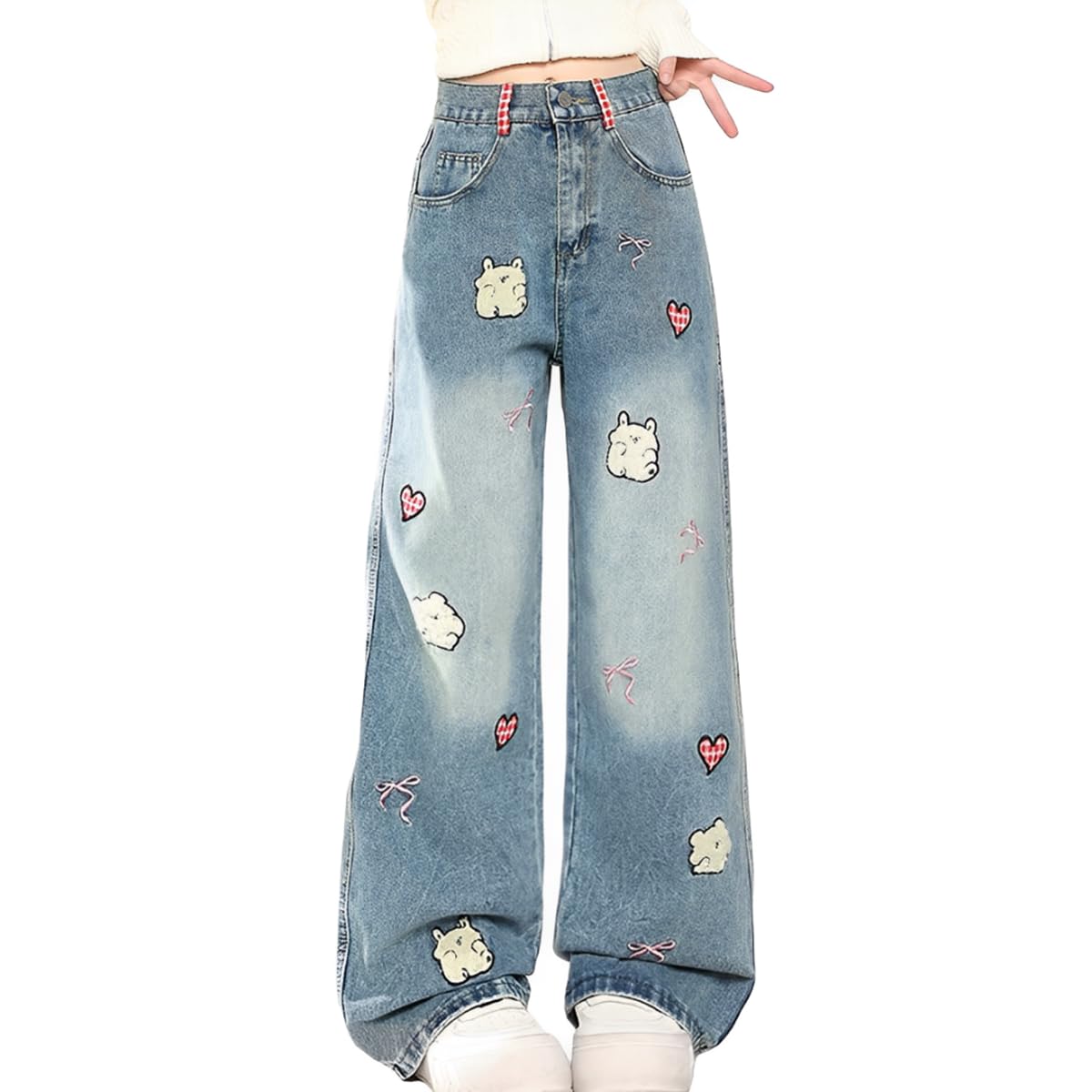 View 1 of ***STAINED*** kakarin choyx Fashion Kawaii High Waisted Straight Leg Jeans for Women Y2K Cute Printed Embroidered Patchwork Denim Pants S Blue