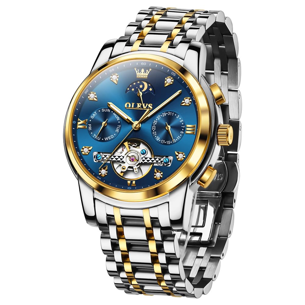 OLEVS Uhr Herren Automatik, Automatik Uhr Herren mit Mondphasenanzeige & Offenem Herzwerk, wasserdichte Herrenuhr Automatik Edelstahl, Uhren Herren für Alltag & Feierlichkeiten