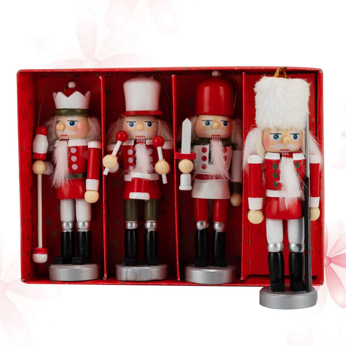 4 Pcs Christmas Nutcracker Wooden Walnut Soldier Hanging Decorations Xmas Tree Figures Puppet Toy (Red)