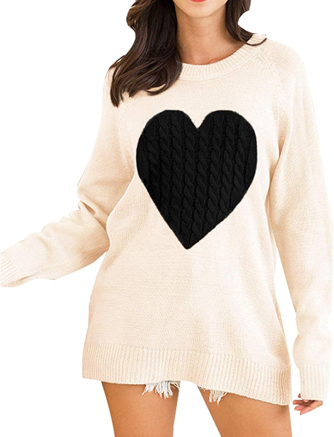 PAODIKUAI Women's Crew Neck Long Sleeve Pullover Sweater Cute Heart