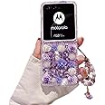 Moto Razr Plus 2023 Case - Luxury Crystal Rhinestone Flowers Glitter Diamond Pearl Cover with Flower Strap for Women