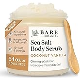 Bare Botanics Coconut Vanilla Body Scrub 24oz | Made in Madison, WI | All Natural Sea Salt Exfoliator w/ Skin Loving Moisturizers | Vegan & Cruelty Free | Gift Ready Packaging w/ a Cute Wooden Spoon