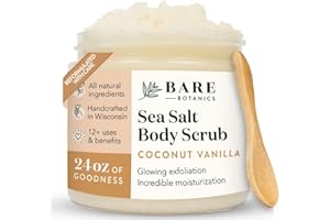 Bare Botanics Coconut Vanilla Body Scrub 24oz | Made in Madison, WI | All Natural Sea Salt Exfoliator w/ Skin Loving Moisturizers | Vegan & Cruelty Free | Gift Ready Packaging w/ a Cute Wooden Spoon
